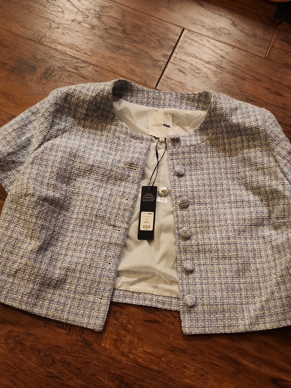 Fashion Nova Blue & White Tweed Cropped Blazer - 1X - NWT